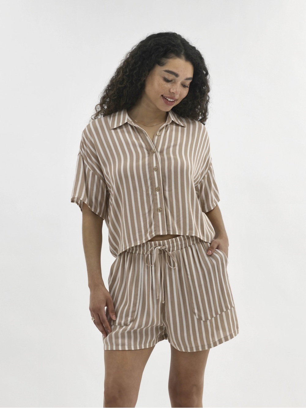 No Boundaries Tan and White Striped Button-Down Top and Shorts Matching set